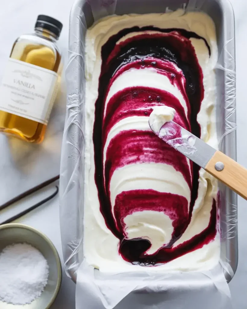 Creating beautiful berry swirls with a knife in the layered ice cream base