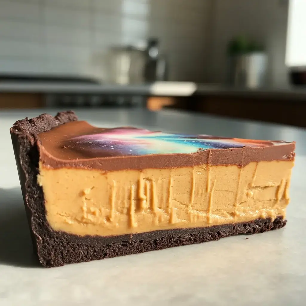 Cross-section showing the creamy peanut butter filling and chocolate crust layers