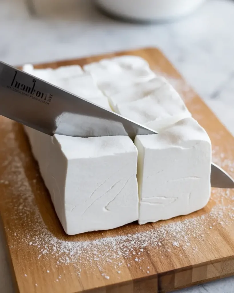 Cutting set marshmallows with an oiled knife creates clean edges and perfect squares