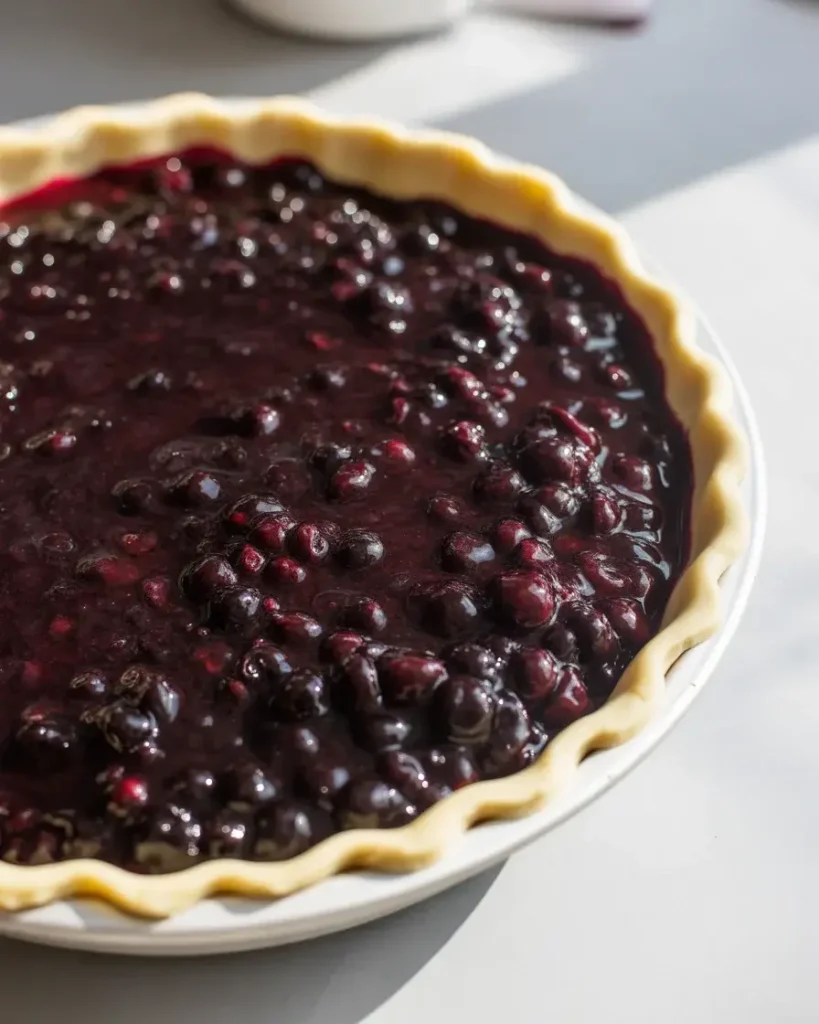 Dark berry filling ready for the top crust with perfect juice consistency