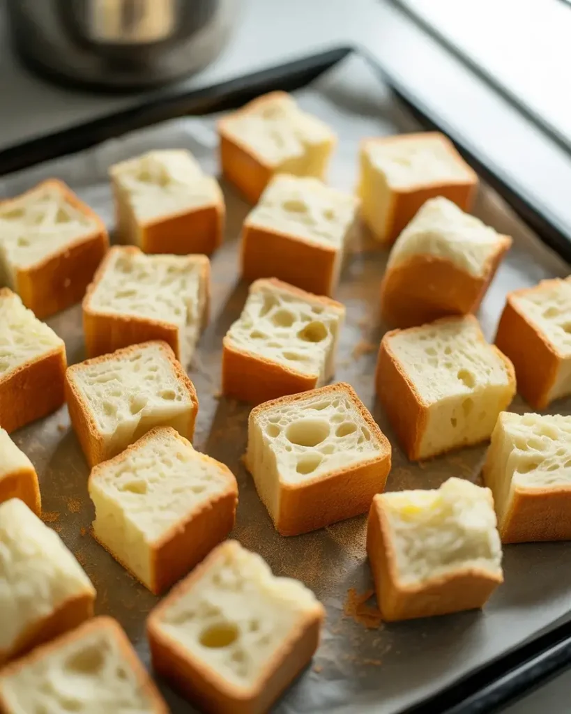 Day-old bread cubes dried to the perfect texture for absorbing custard