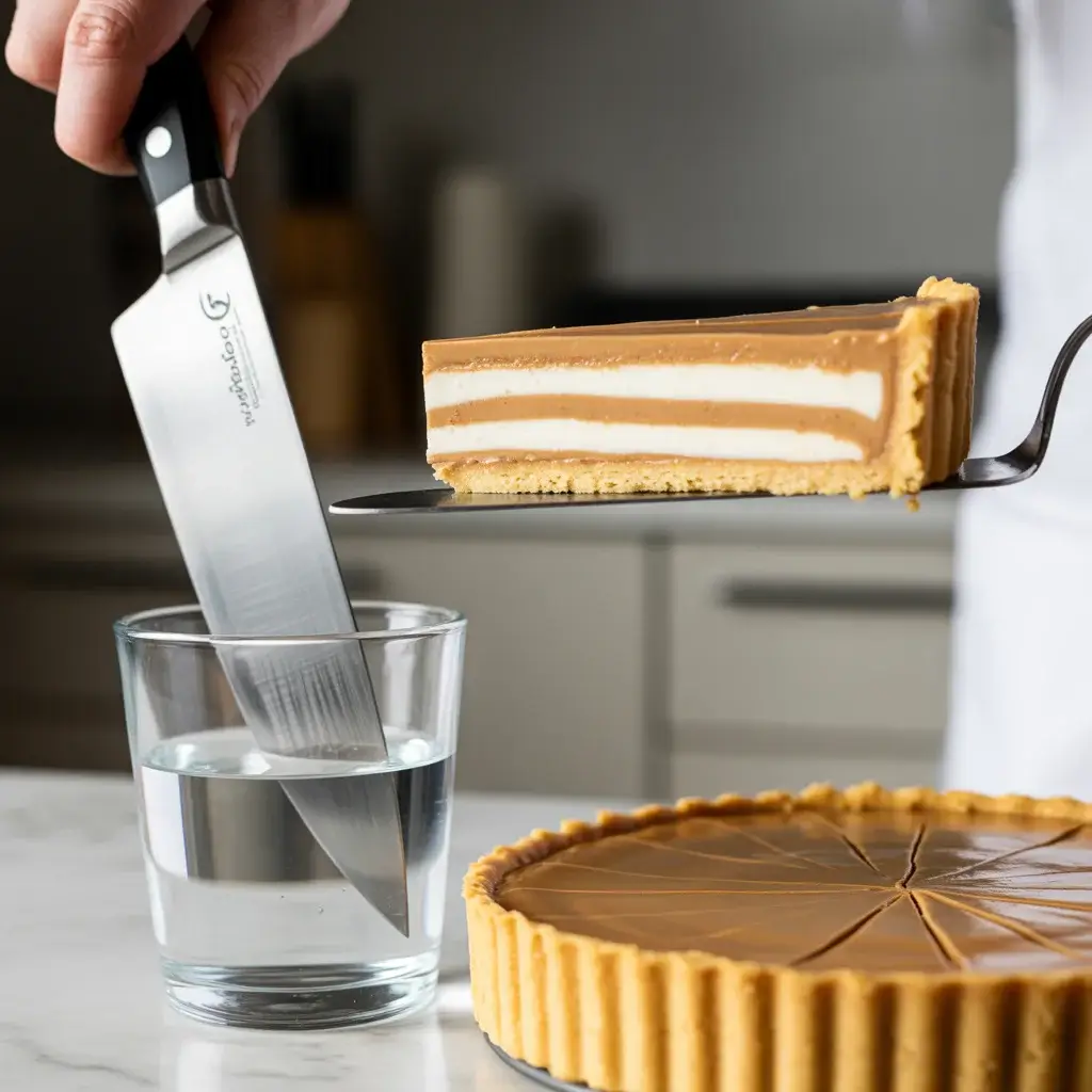 Dipping knife in hot water ensures clean slices through creamy filling