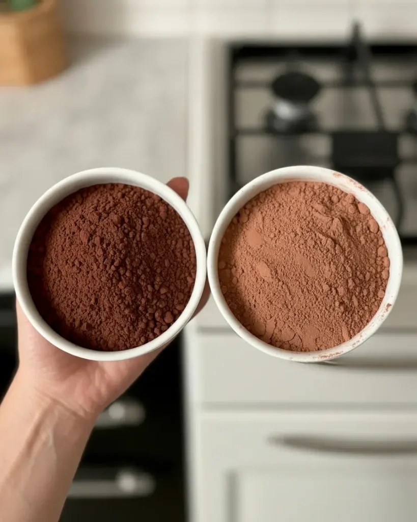 Dutch-process versus natural cocoa showing dramatic color difference