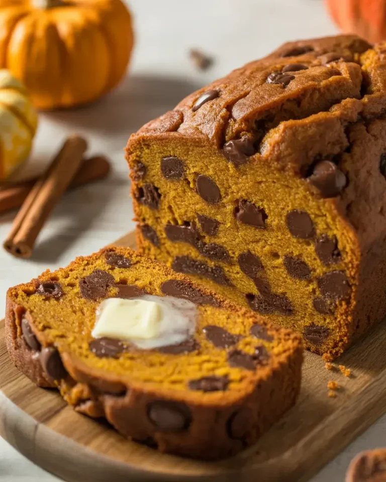 Easy chocolate chip pumpkin bread with moist crumb and melty chocolate