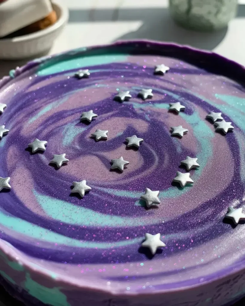 Edible glitter and star sprinkles add cosmic sparkle to the galaxy surface