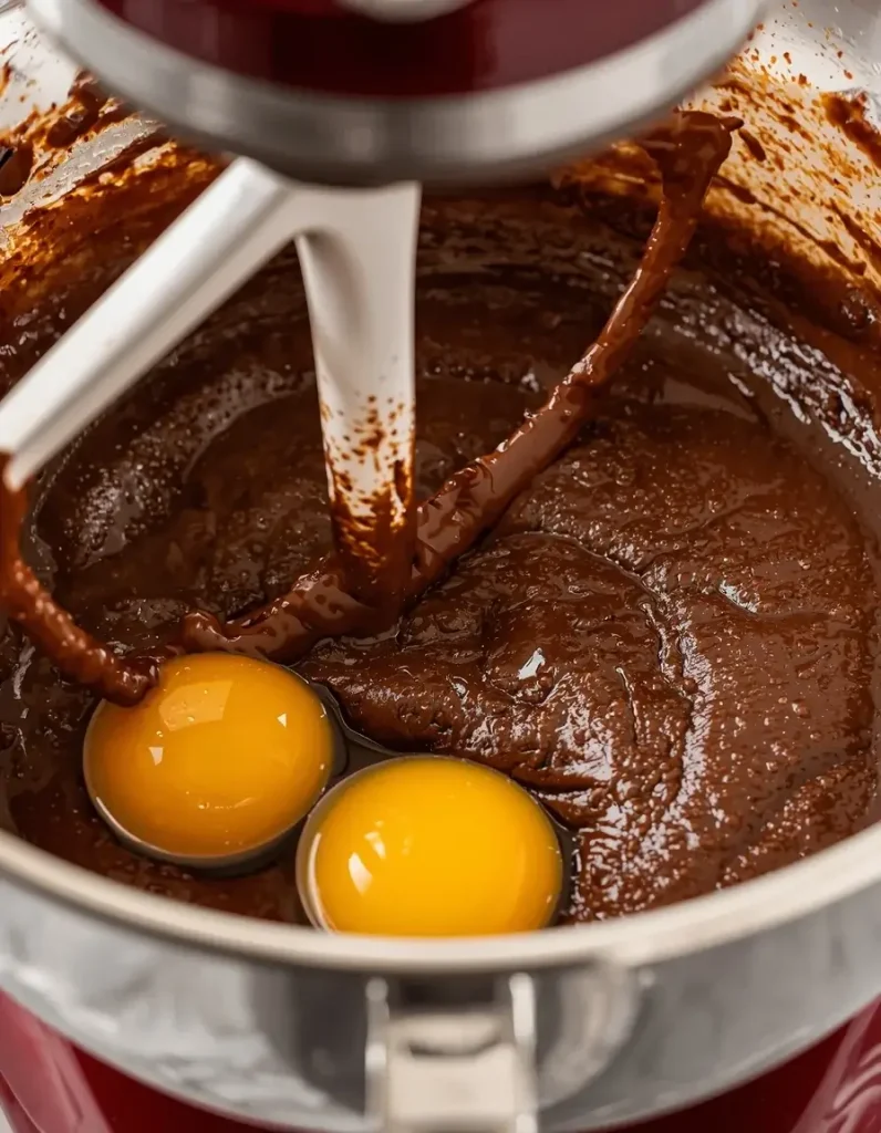 Eggs and peppermint extract mixed into rich chocolate cookie dough