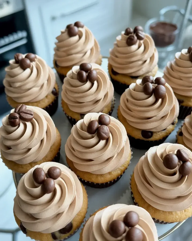 Espresso chip cupcakes with piped mocha frosting and espresso bean topping