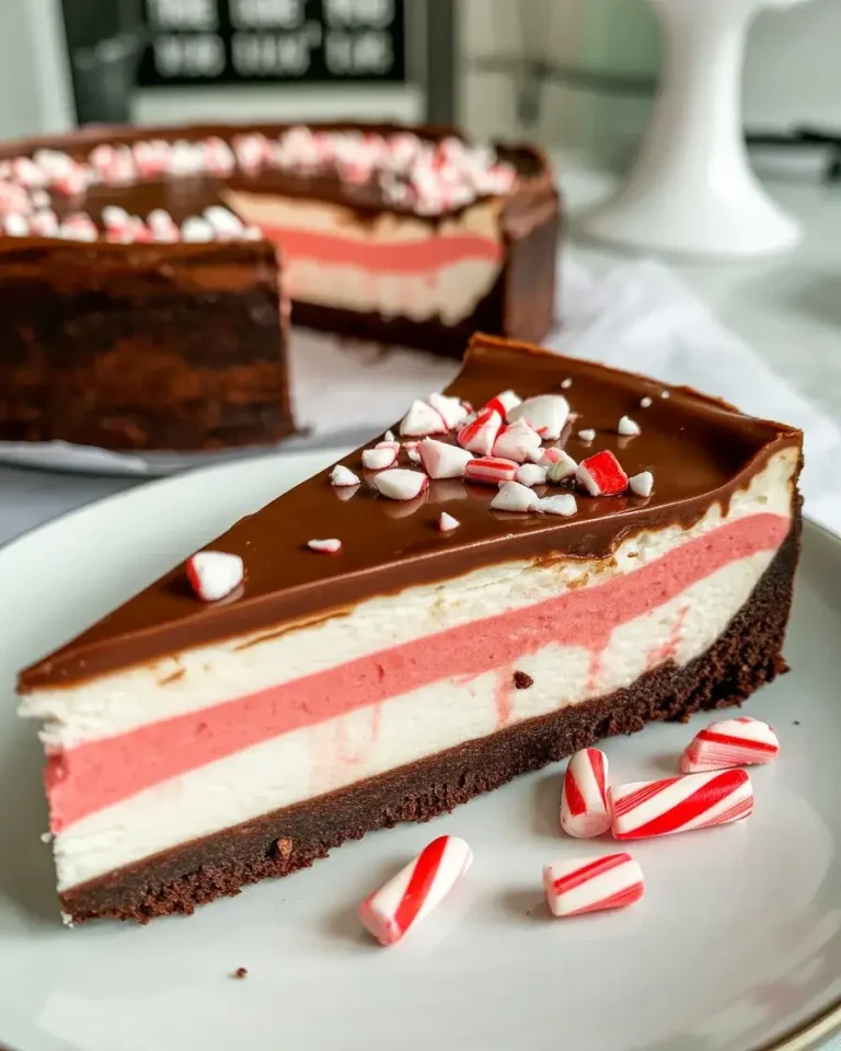 Festive peppermint cheesecake with chocolate ganache and candy cane topping