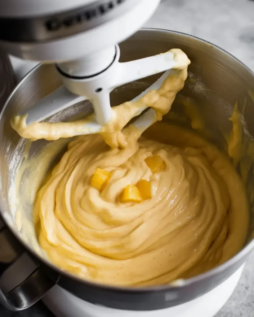 Final batter mixed just until flour disappears for tender crumb