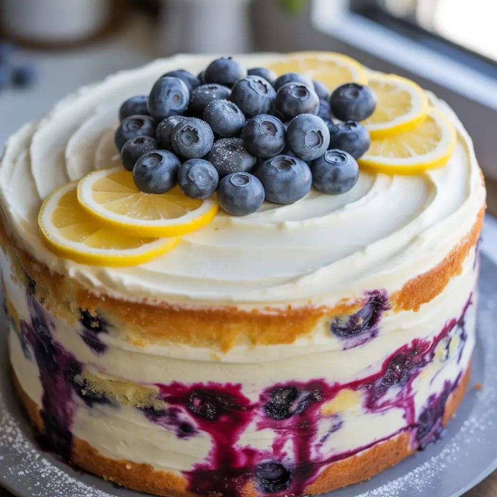 Finished cake decorated with fresh blueberries, lemon slices, and powdered sugar