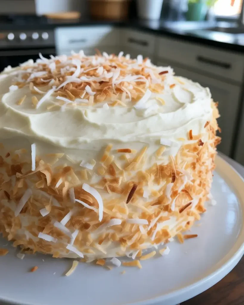 Finished cake garnished with coconut for tropical presentation