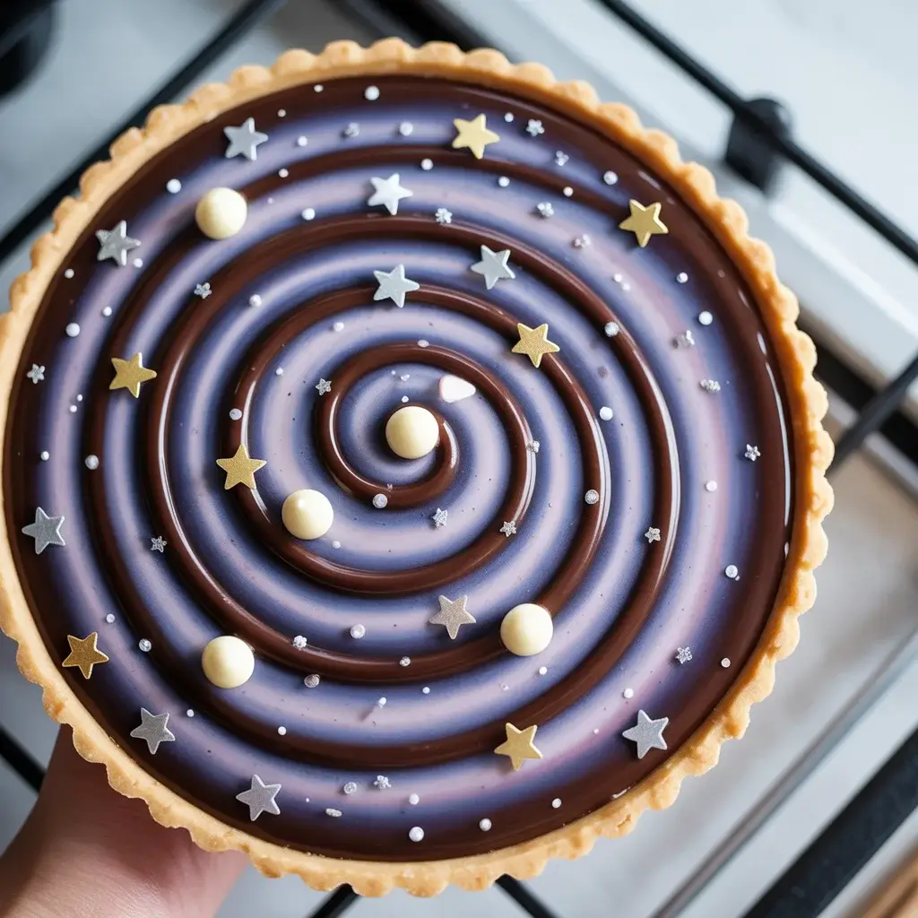 Finished galaxy tart decorated with edible stars and cosmic swirls