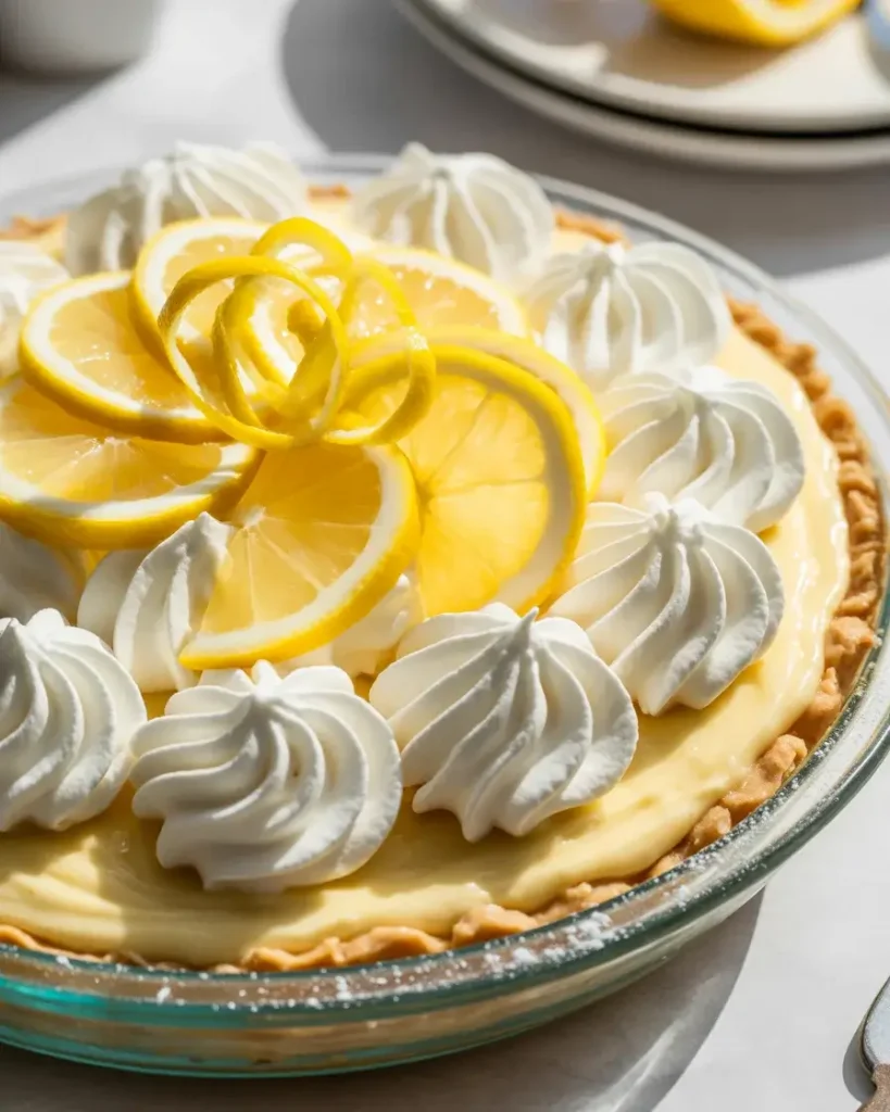 Finished lemon mascarpone pie garnished with whipped cream, lemon wheels, and powdered sugar