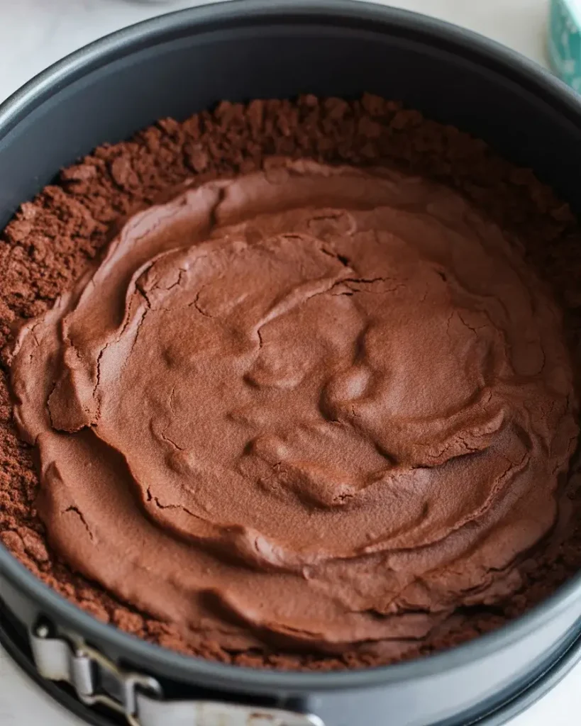 Firmly packed chocolate cookie crust forms the perfect base for peppermint cheesecakeFirmly packed chocolate cookie crust forms the perfect base for peppermint cheesecake
