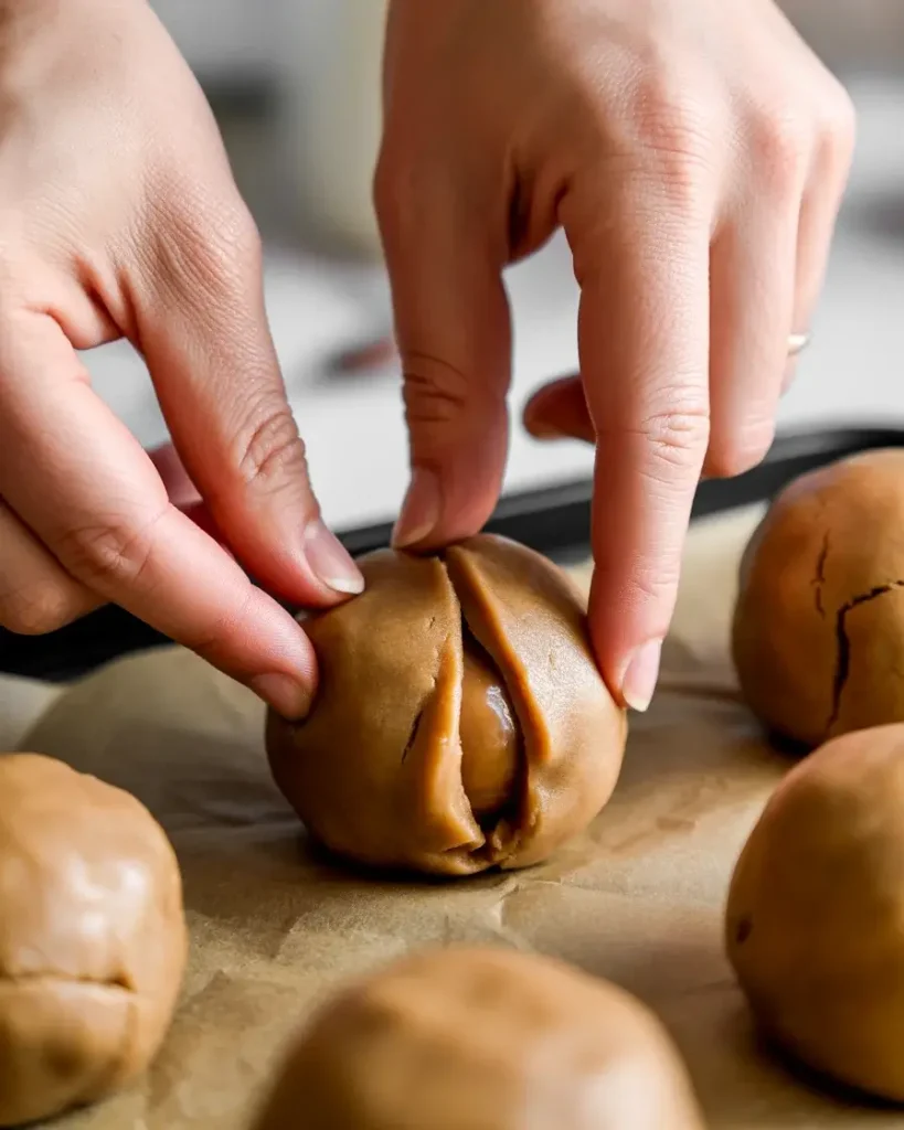 Firmly sealing cookie dough around caramel to prevent leaking during baking
