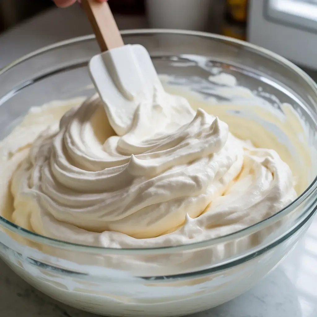 Folding Cool Whip into cream cheese mixture for a light, airy filling