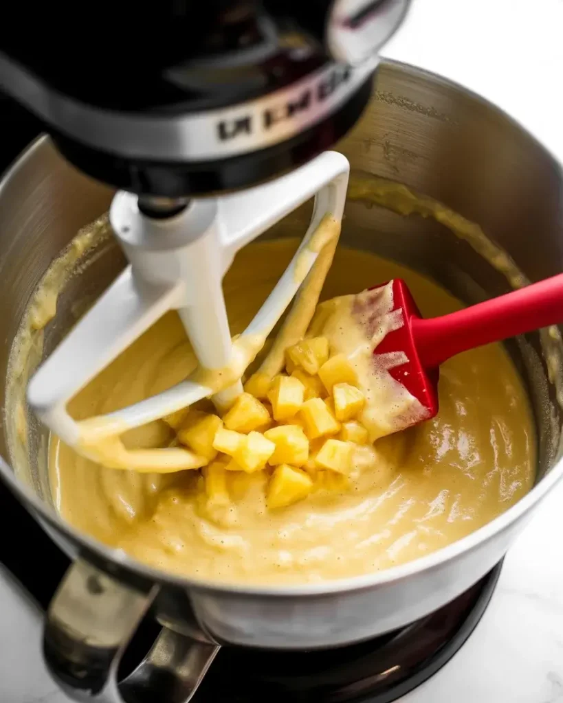 Folding crushed pineapple and juice into the batter for moisture