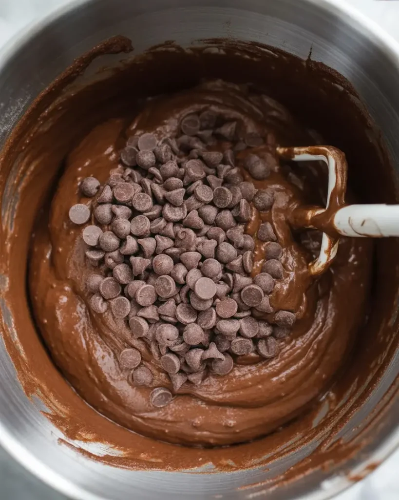 Folding mini chocolate chips into espresso cake batter for even distribution