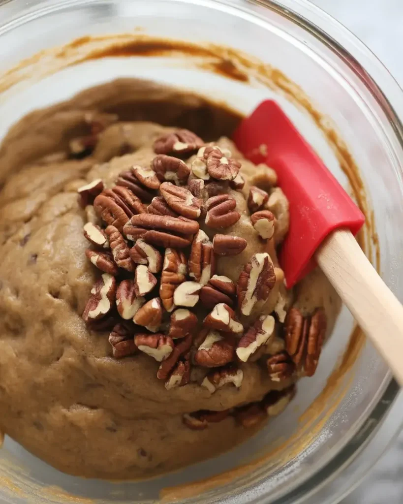 Folding toasted pecan chunks into chilled brown butter cookie dough