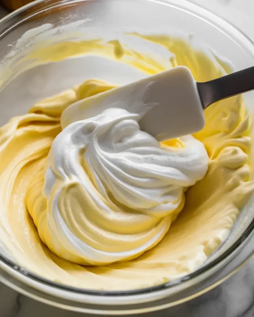Folding whipped cream into mascarpone in slow sweeping motions for a light, cloudlike filling