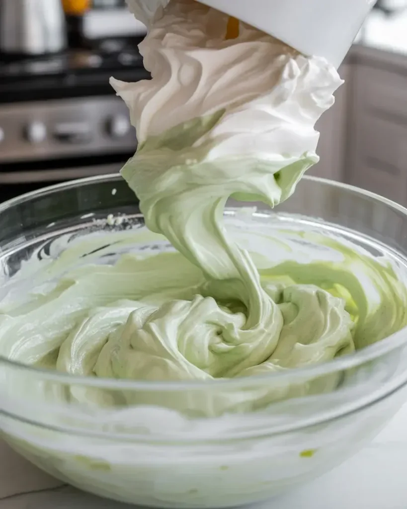 Folding whipped cream into mint cream cheese creates an airy, light filling