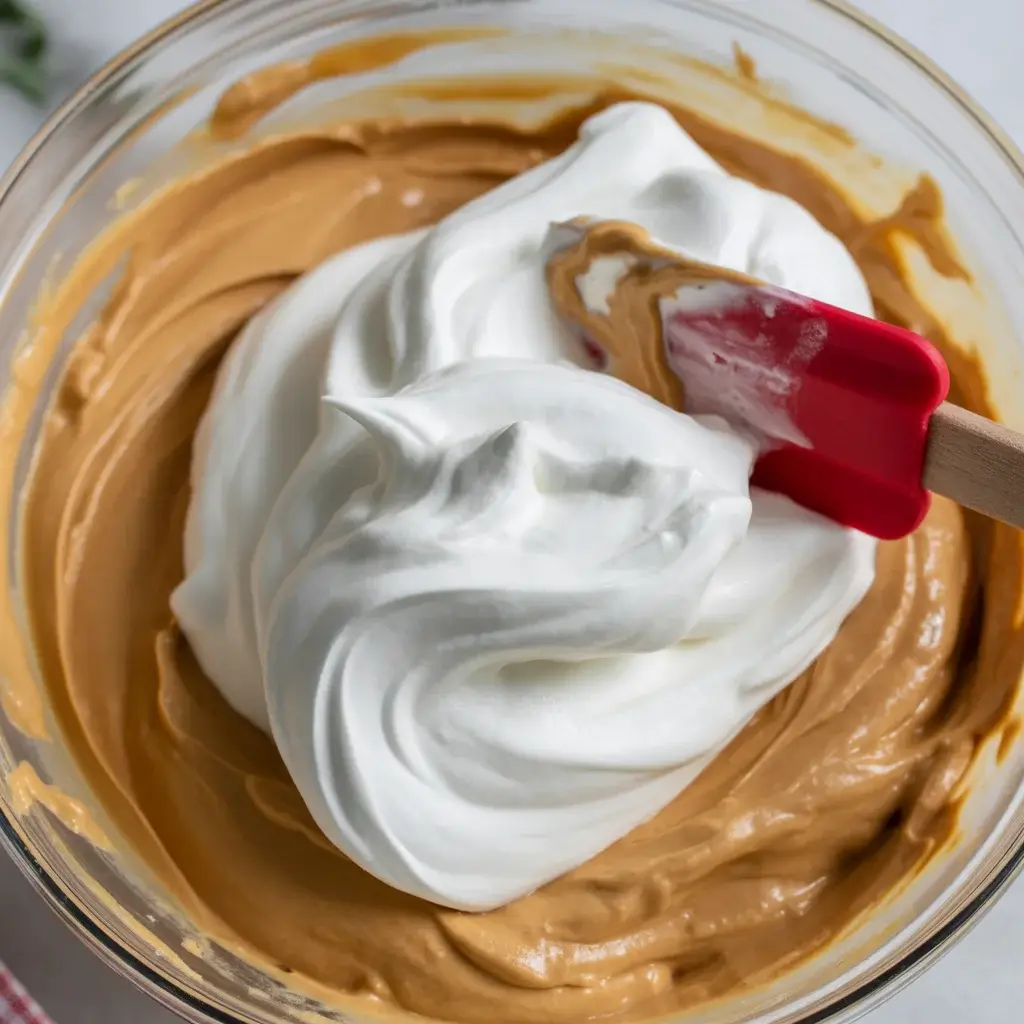 Folding whipped cream into peanut butter base to keep filling light and airy
