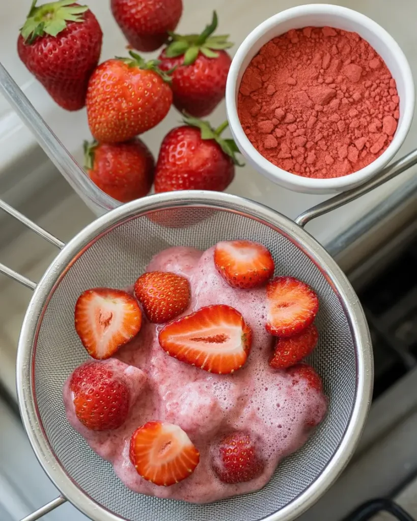 Fresh or freeze-dried strawberries work best; frozen berries add too much moisture