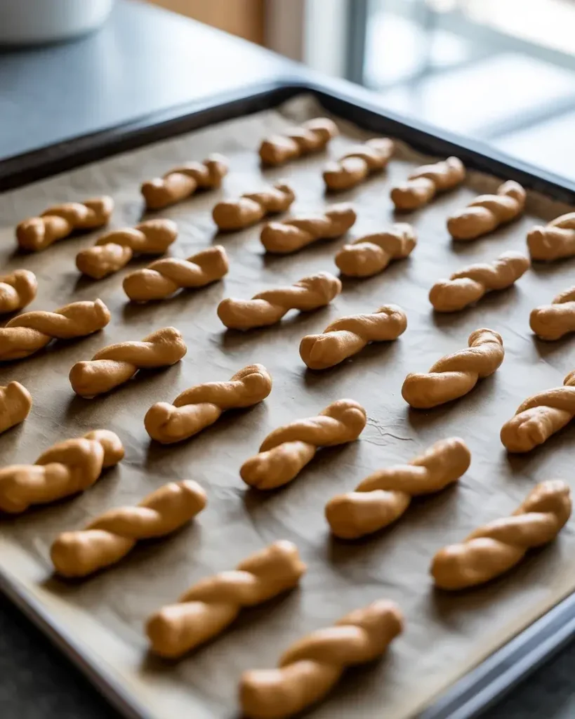 Fresh pretzel twists arranged and ready for caramel topping