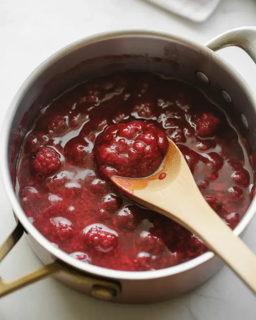 Fresh raspberry filling should be thick and jammy, coating the back of a spoon