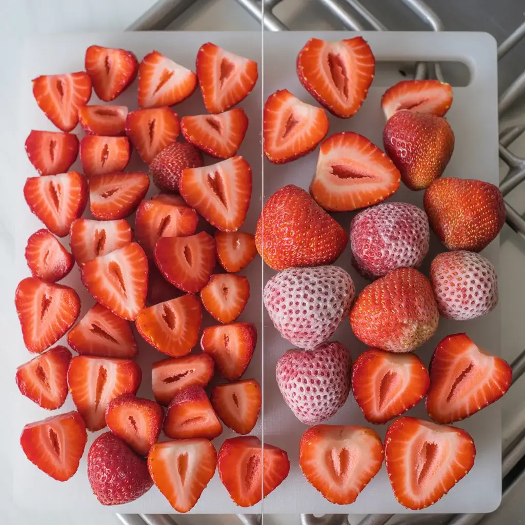 Fresh vs. frozen strawberries showing the color and texture difference for the topping