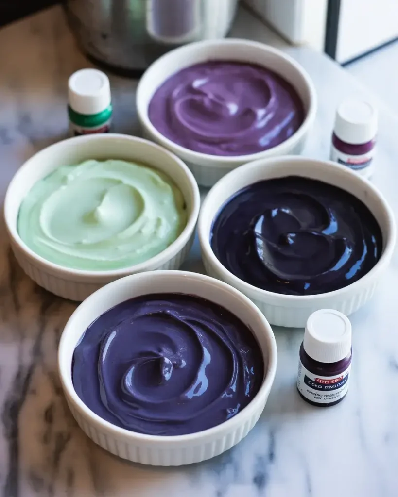  Galaxy cheesecake colors separated: mint, purple, blue, and black for cosmic swirls