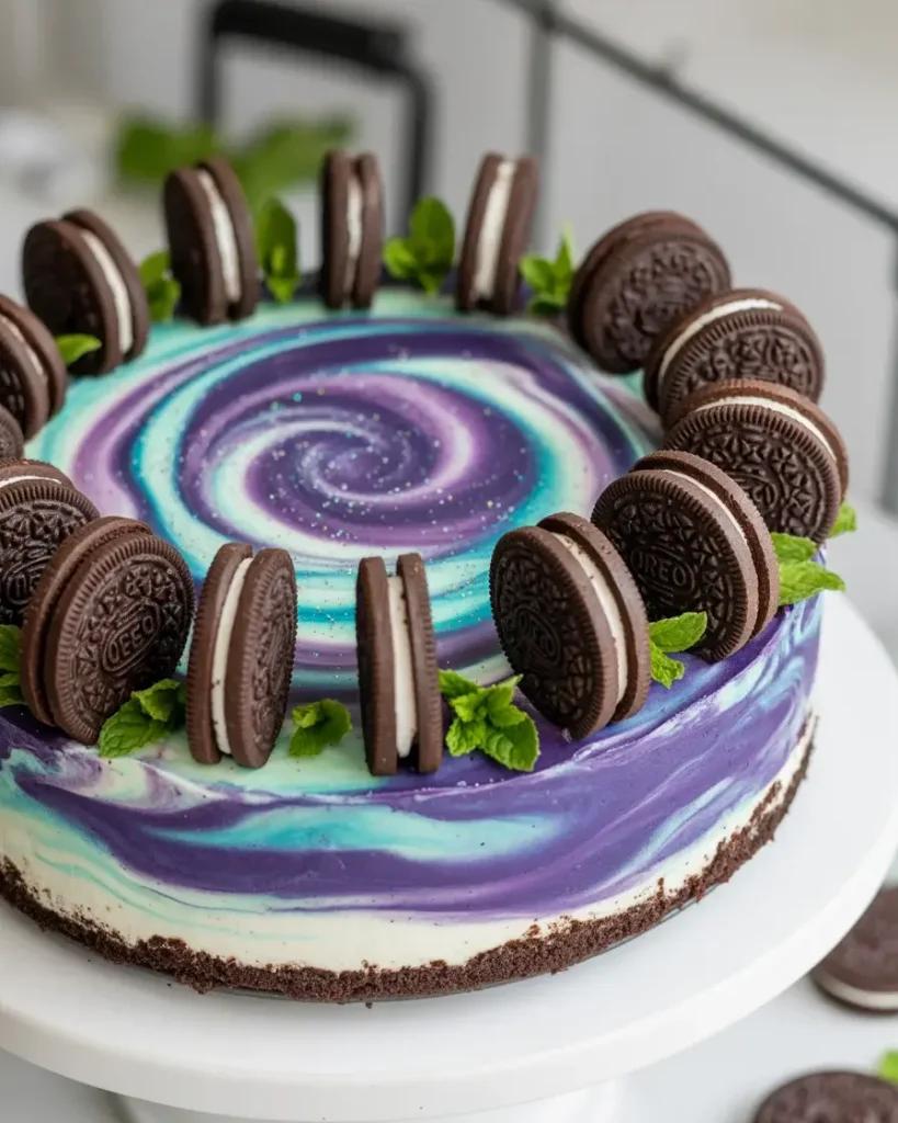 Galaxy cheesecake garnished with Oreos and mint leaves ready to serve