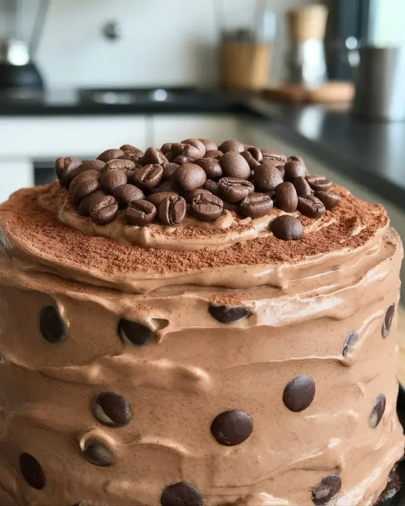 Garnished espresso chip cake ready to serve with chocolate-covered espresso beans