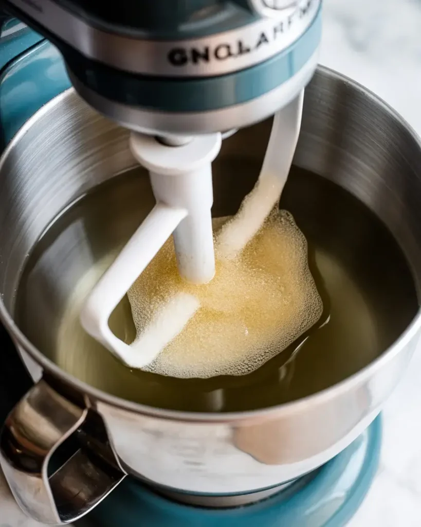 Gelatin blooming in cold water forms a thick, jiggly base for fluffy marshmallows