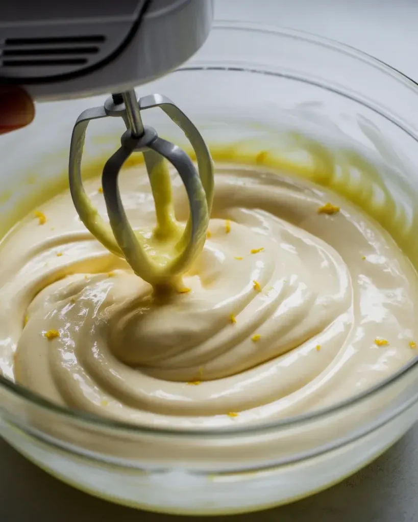 Gently mixed mascarpone filling with lemon zest, smooth and silky after just 65 seconds of mixing