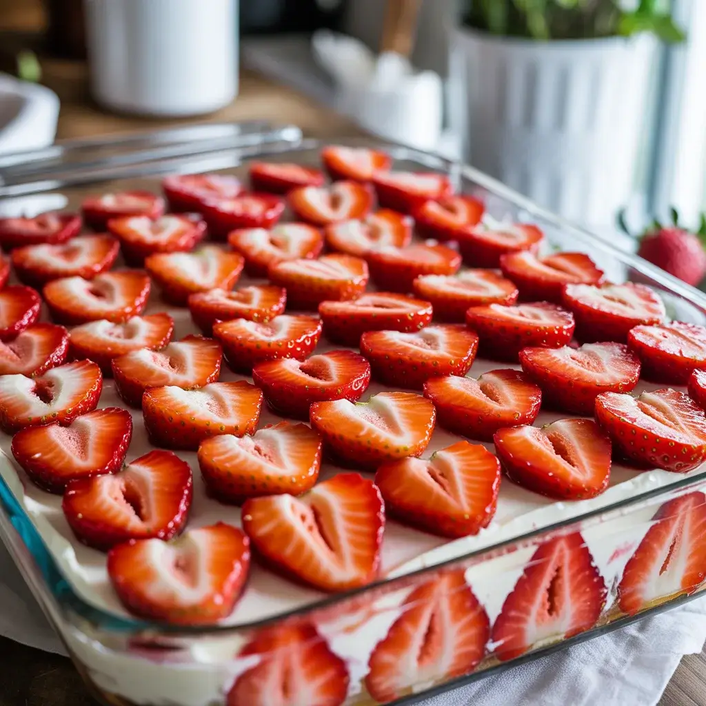 Glazed strawberry slices layered in neat, overlapping rows over the cream cheese filling