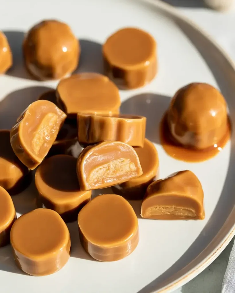Halved caramel candies ready to press into cookie dough centers