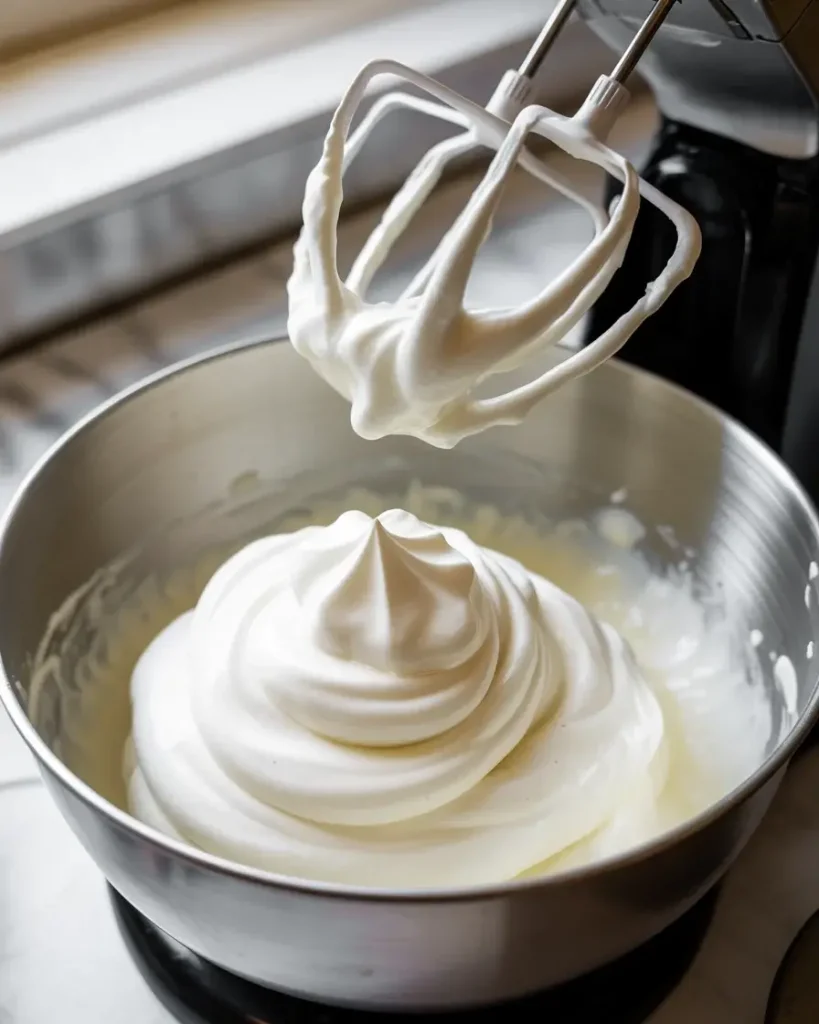 Heavy cream whipped to stiff peaks with perfect glossy texture