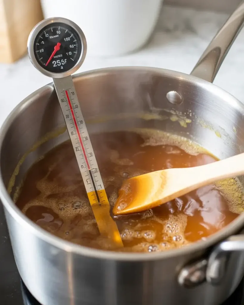 Homemade caramel cooking to perfect 235°F temperature