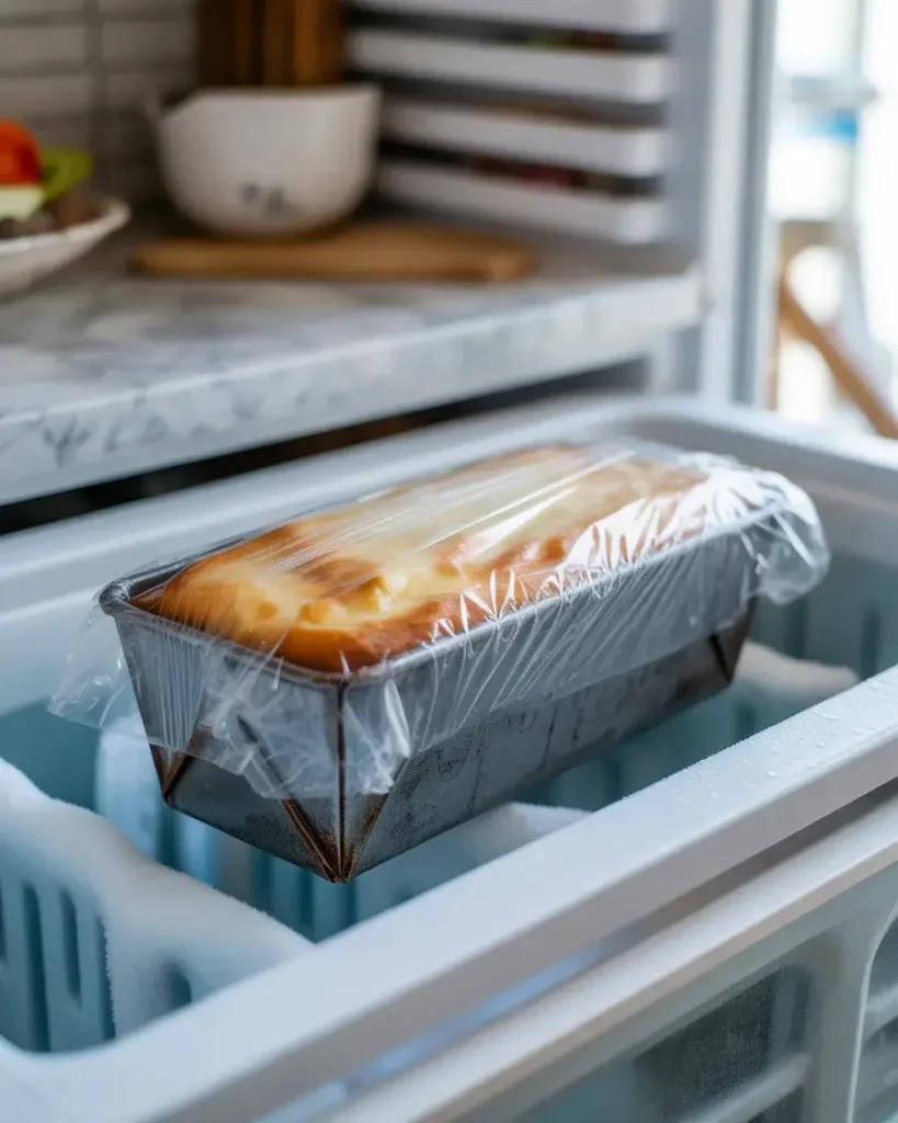 Ice cream loaf wrapped and freezing until firm and sliceable
