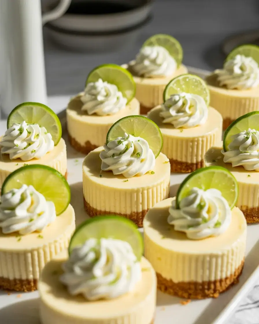 Individual mini margarita cheesecakes with lime cream and salt rim garnish