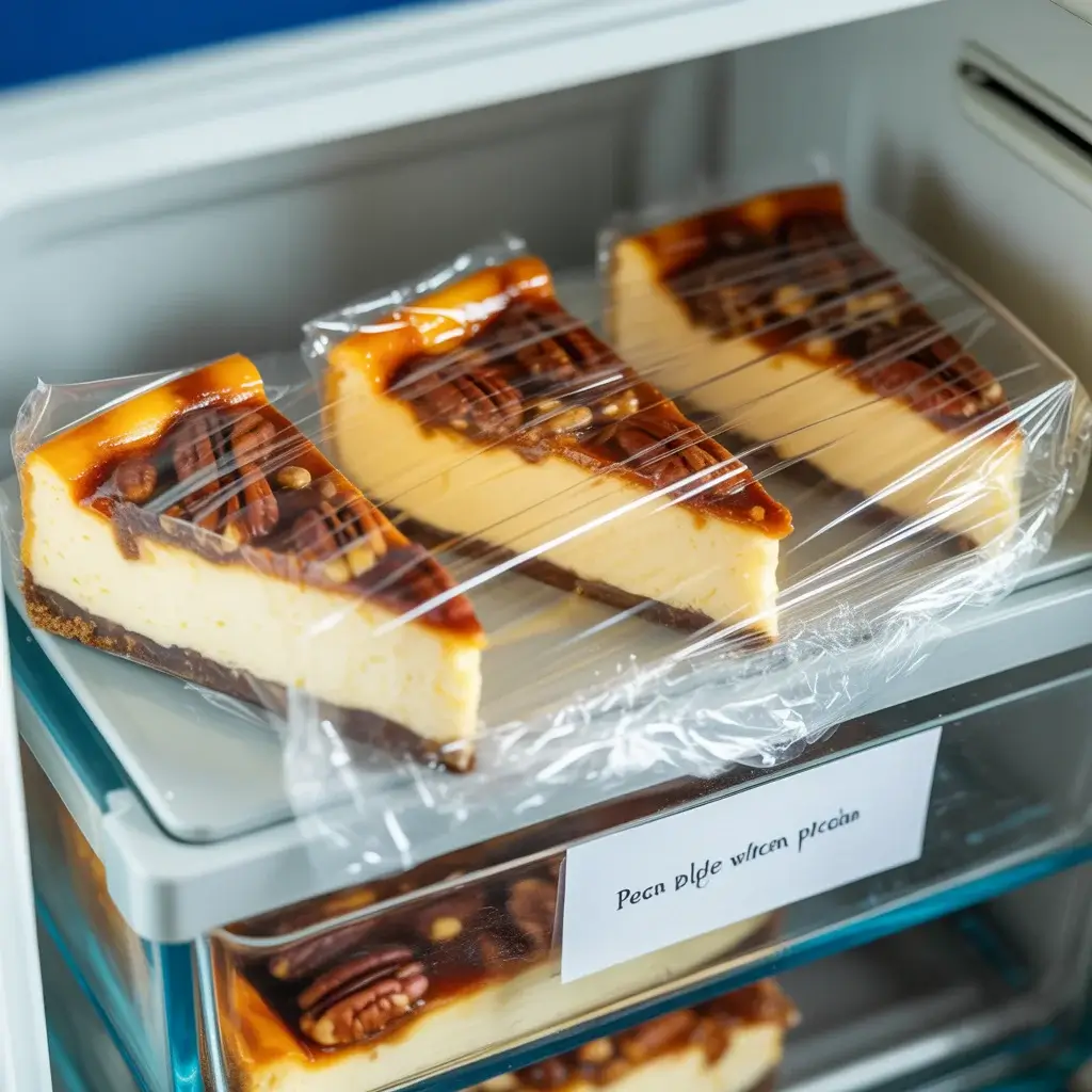 Individually wrapped cheesecake slices stored in airtight container for up to 5 days