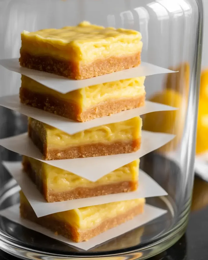 Layer bars with parchment paper in airtight container for neat refrigerator storageCan I Make These Bars Ahead for a Party?