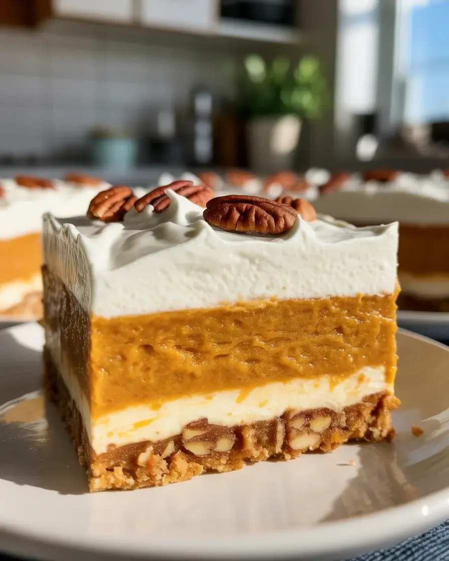 Layered pumpkin delight bars with pecan crust, cream cheese, and spiced pumpkin filling