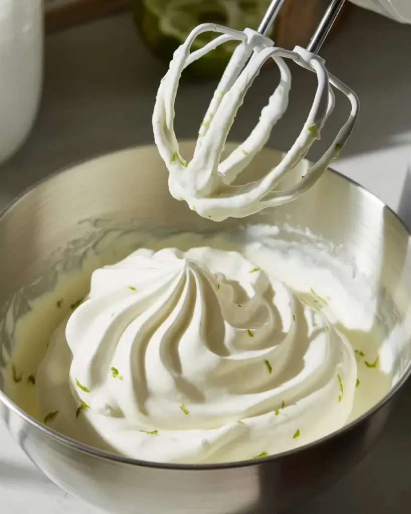 Lime-infused whipped cream whipped to stiff peaks for toppingLime-infused whipped cream whipped to stiff peaks for topping