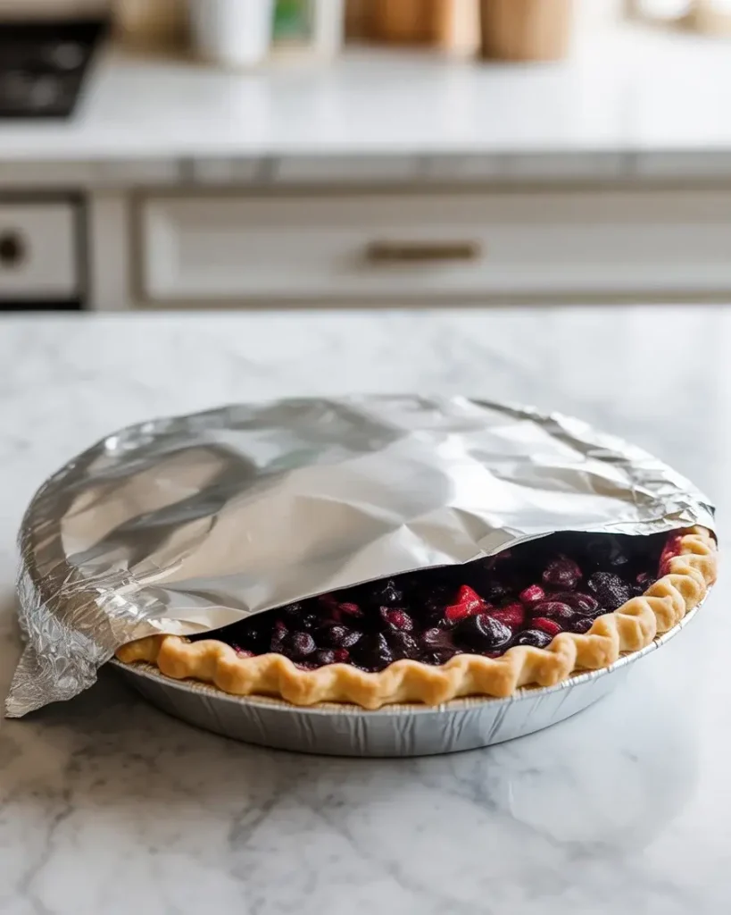Loose foil covering keeps pie fresh while maintaining crust texture