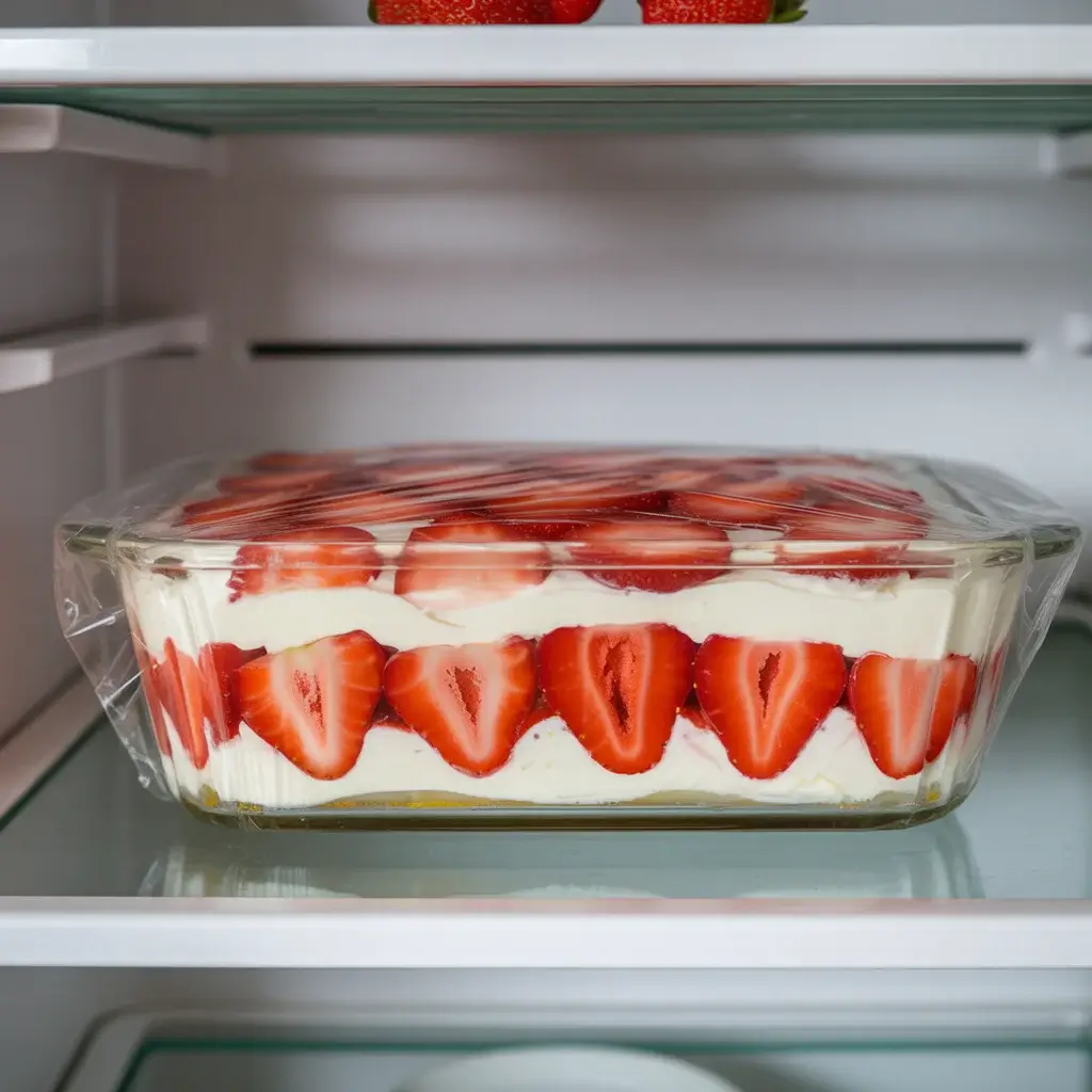 Make-ahead Strawberry Cream Cheese Delight covered and ready to chill overnight