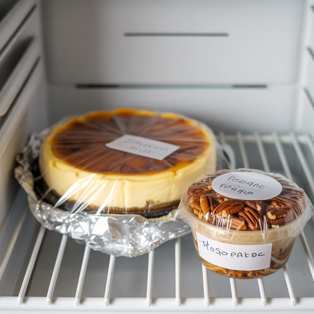 Make-ahead cheesecake wrapped for fridge storage with topping stored separately