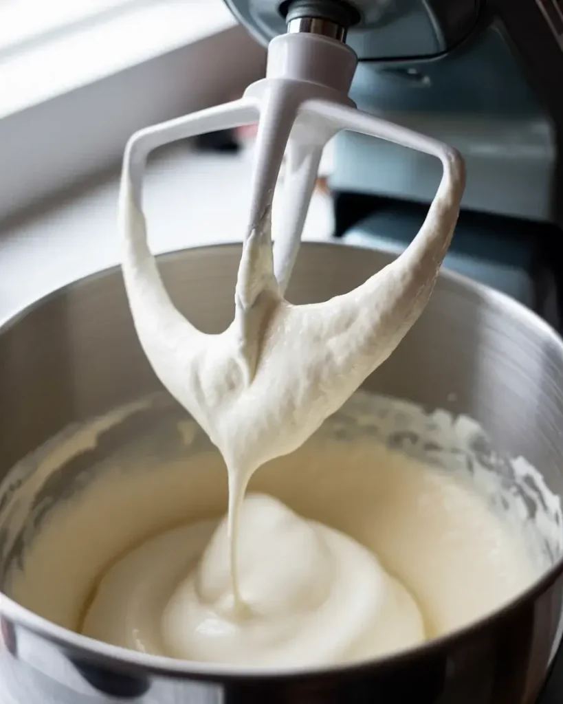 Marshmallow mixture whipped to stiff peaks with glossy white texture and tripled volume