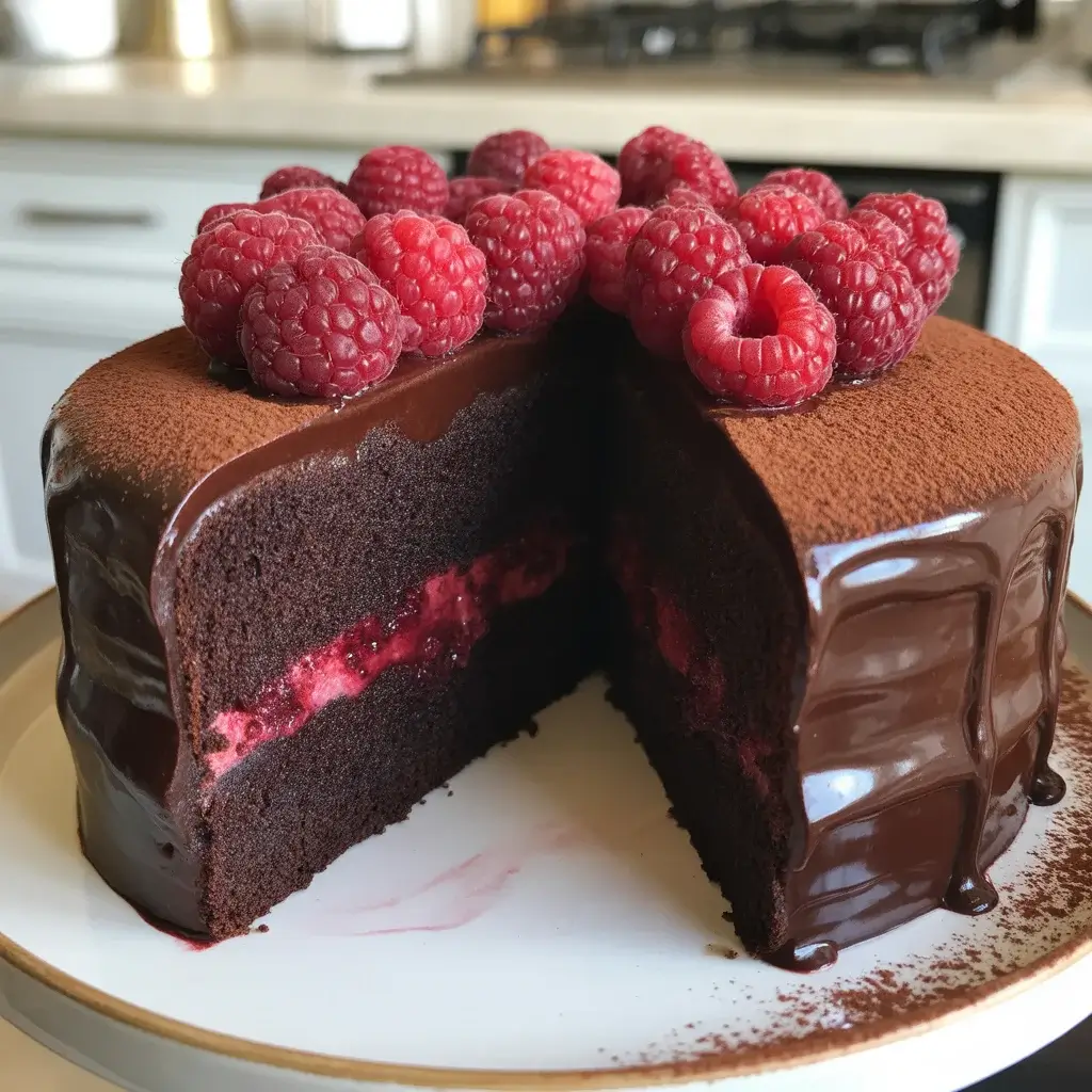 Midnight Raspberry Cake - dark chocolate ganache, fresh raspberry filling, and a stunning jewel-toned finish